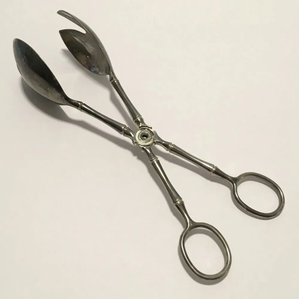 Vintage Bamboo Handle Salad Serving Tongs marked Italy Bamboo Silver Tone 9.5